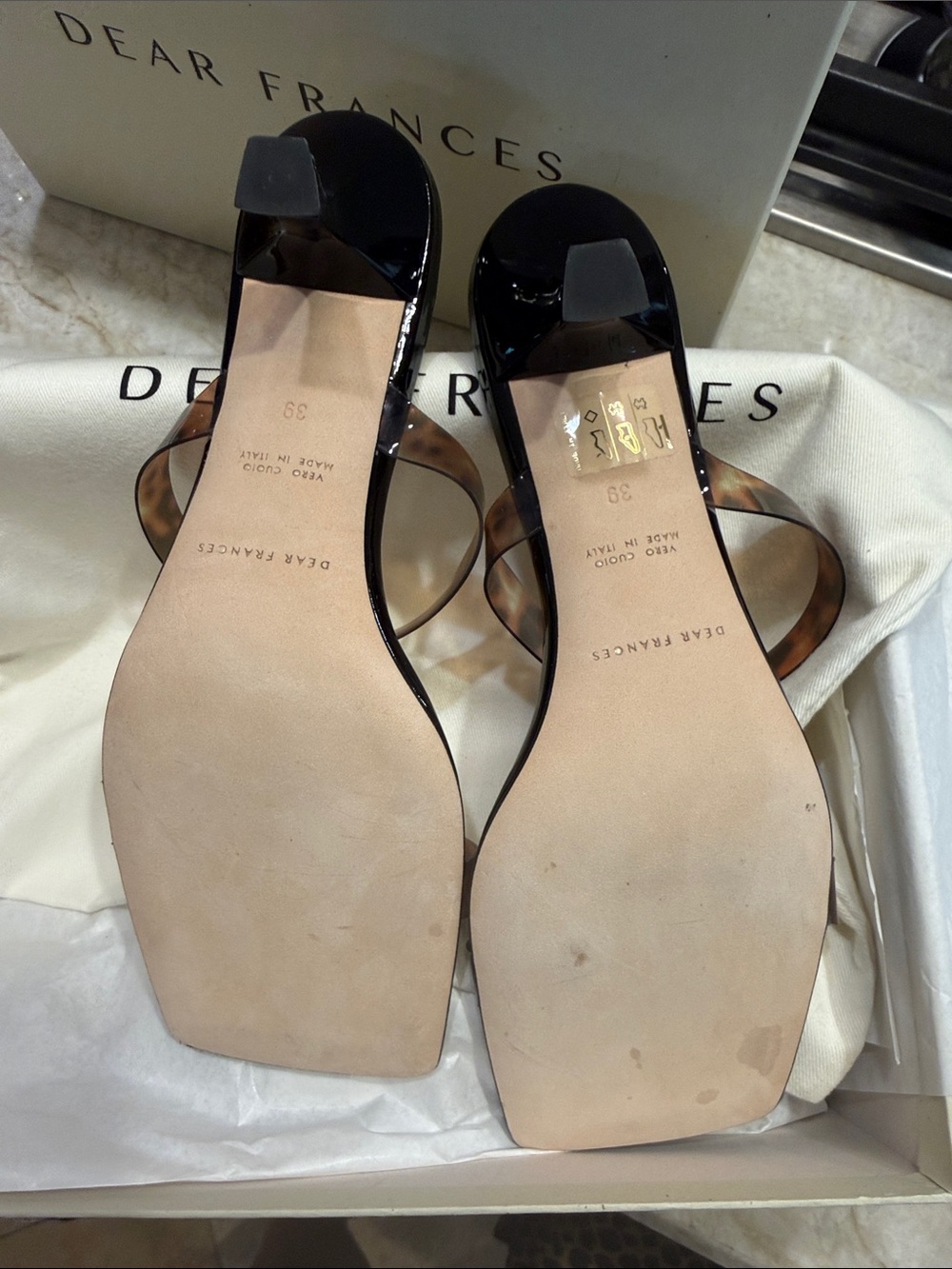 Dear Frances Black Patent Mules with Tortoiseshell Clear Straps - Picture 3 of 4